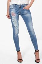 Boohoo Sally Sequin Distressed Skinny Jeans Blue