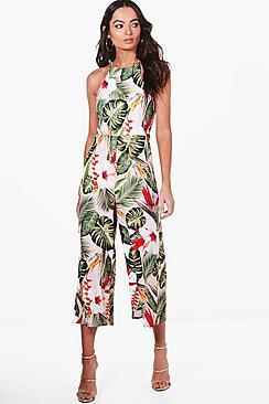 Boohoo Sala High Neck Culotte Palm Print Jumpsuit