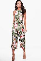 Boohoo Sala High Neck Culotte Palm Print Jumpsuit