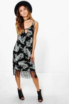 Boohoo Dorris Key Hole Fringe Hem Bodycon Dress Black