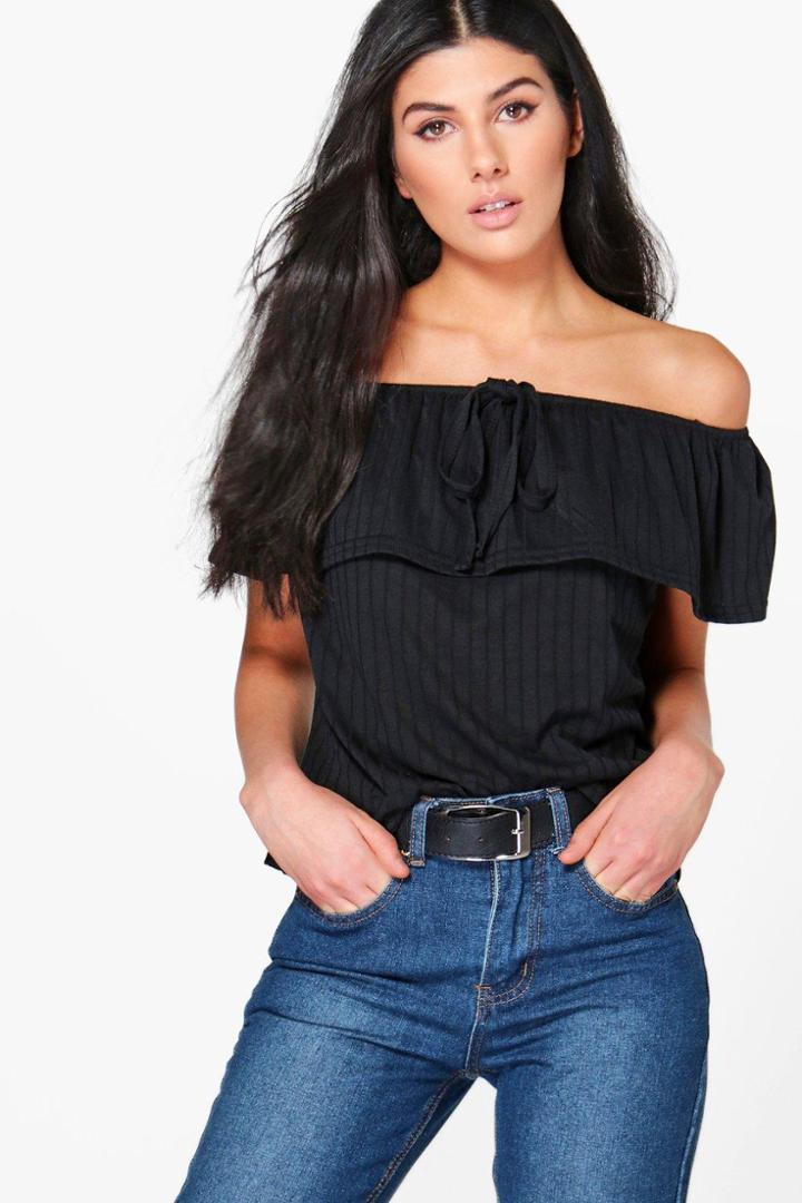 Boohoo Harriet Off The Shoulder Rib Knit Ruffle Jumper Black