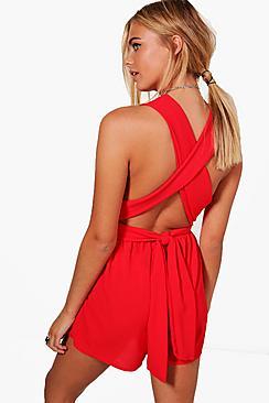 Boohoo Kinsley Plunge Front Tie Back Playsuit