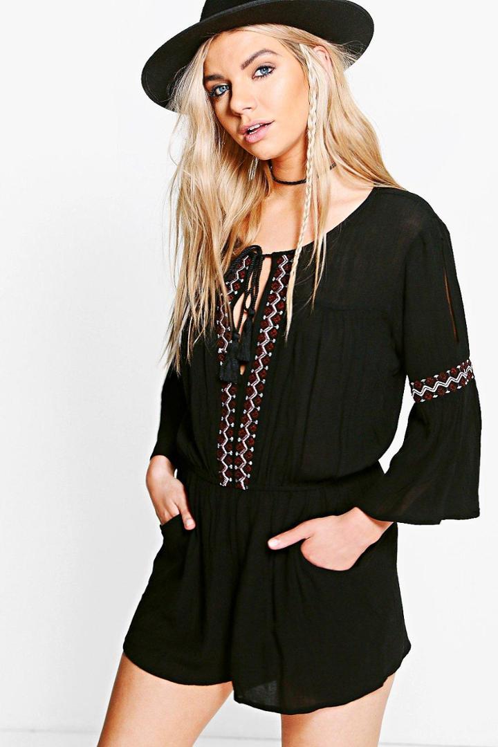 Boohoo Aylin Cold Shoulder Embroidered Playsuit Black