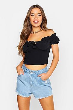 Boohoo Petite Off The Shoulder Tie Top