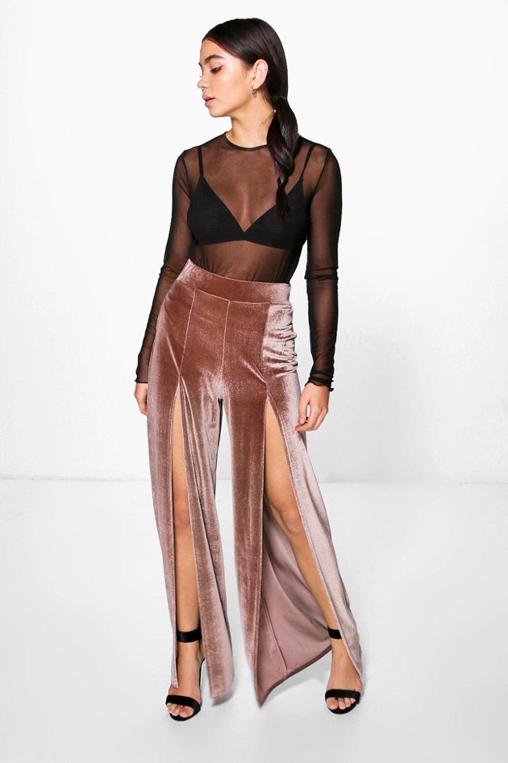 Boohoo Imani Split Front Velvet Wide Leg Trousers Mink
