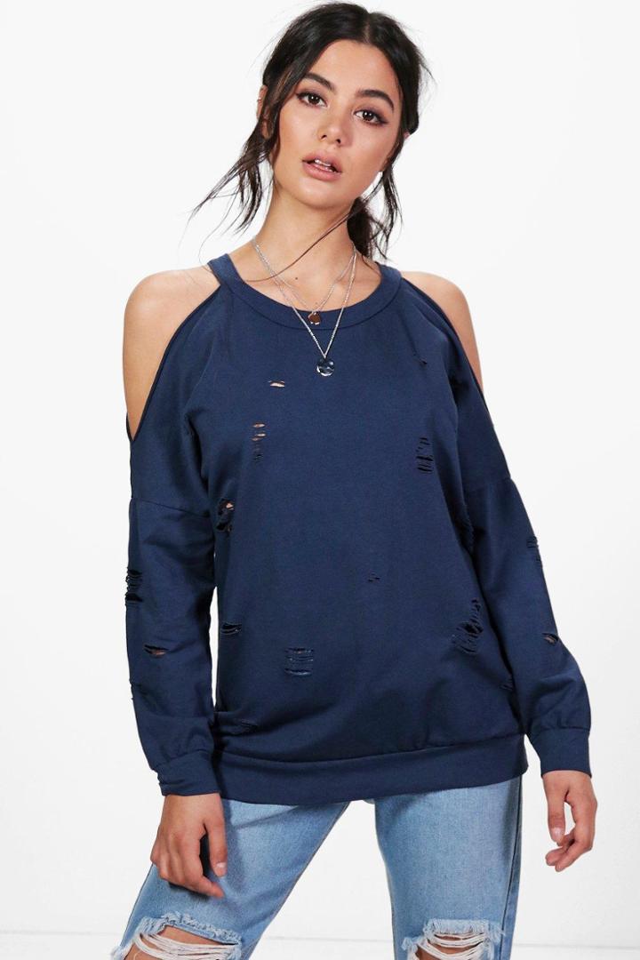 Boohoo Sally Open Shoulder Distressed Sweatshirt Navy