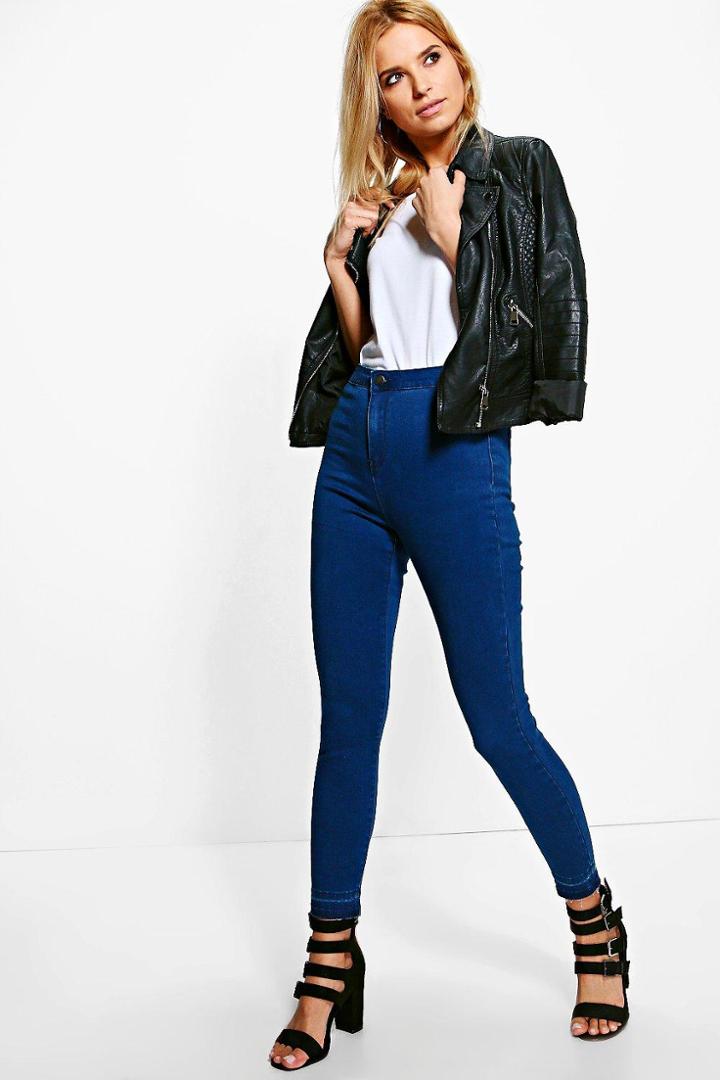 Boohoo Lara High Rise Let Down Hem Tube Jeans Indigo