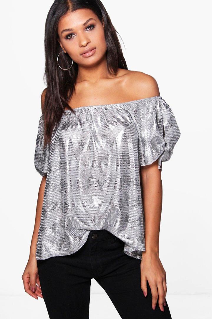 Boohoo Charlotte Metallic Zig Zag Top Silver