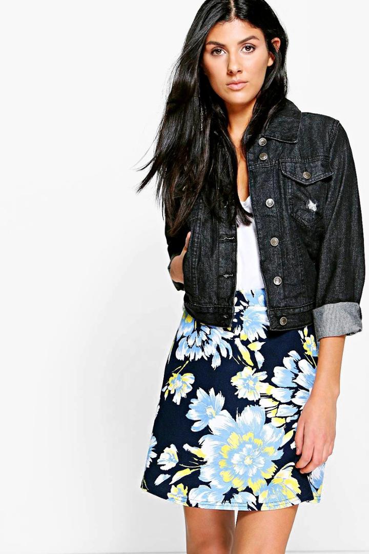 Boohoo Ranielle Large Floral Full Skater Skirt Navy