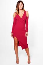 Boohoo Henrietta Open Shoulder Wrap Midi Dress Raspberry