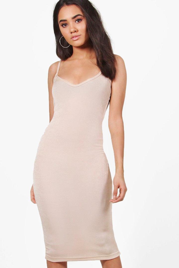Boohoo Petite Amelia Strappy Bodycon Midi Dress Stone