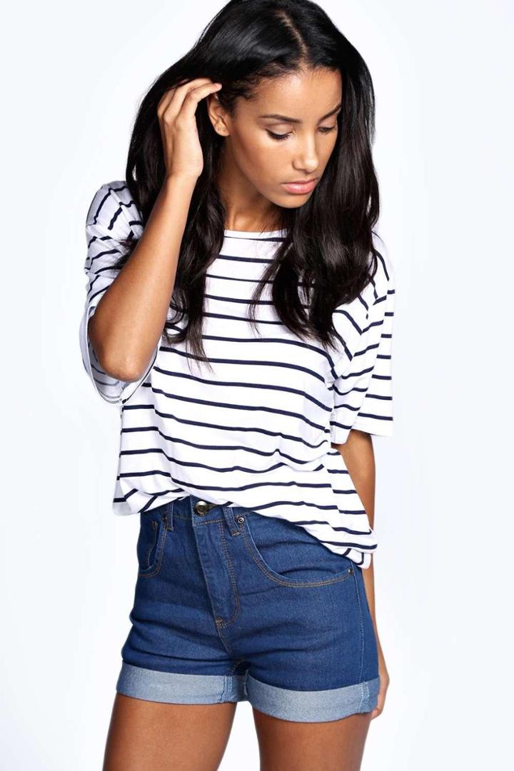 Boohoo Corina High Waisted Turn Up Denim Shorts Blue