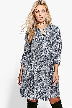 Boohoo Plus Polly Printed Tie Waist Shirt Dress