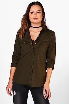 Boohoo Abigail Khaki Denim Shirt