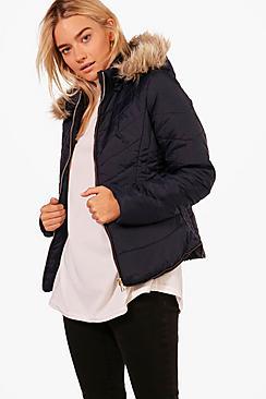 Boohoo Nadia Fitted Padded Jacket With Faux Fur Hood