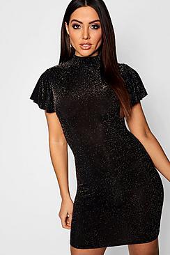 Boohoo Glitter High Neck Angel Sleeve Midi Dress
