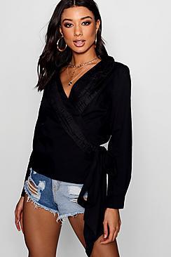 Boohoo Imogen Ruffle Wrap Cotton Blouse
