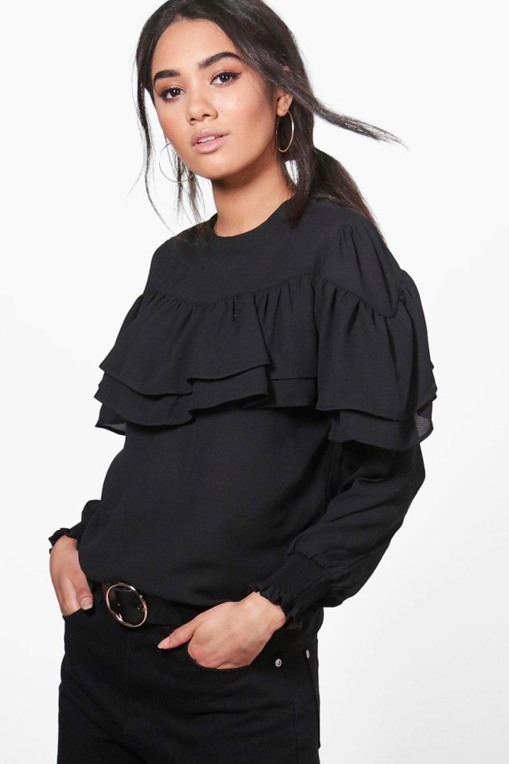 Boohoo Petite Jane Ruffle Woven Blouse Black