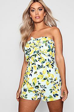 Boohoo Plus Shelly Lemon Print Playsuit