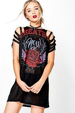 Boohoo Zoe Slashed Shoulder Knit Band Tee Dress