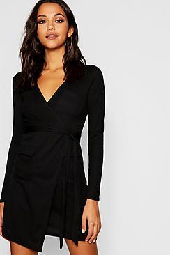 Boohoo Utility Pocket Rib Knit Wrap Dress