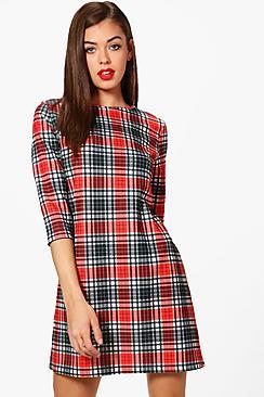 Boohoo Kenna Bold Check 3/4 Sleeve Shift Dress