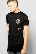 Boohoo Destroyed Longline T Shirt With Badges