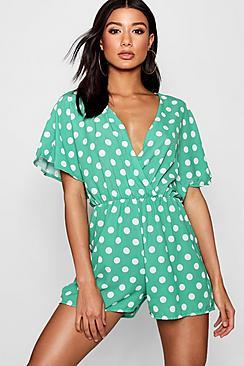 Boohoo Polka Dot Wrap Flutter Sleeve Romper