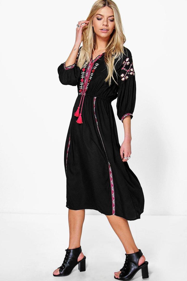 Boohoo Delia Embroidered Tape Detail Midi Dress Black