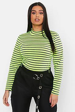 Boohoo Plus Neon Stripe High Neck Top