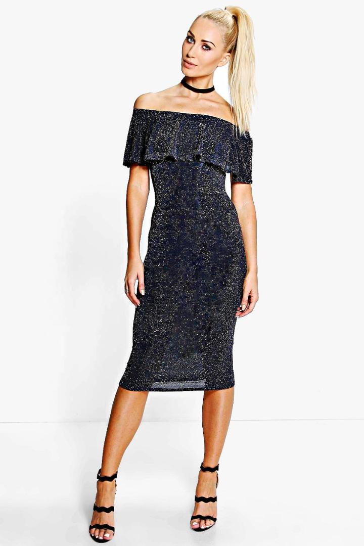 Boohoo Joy Metallic Off Shoulder Midi Bodycon Dress Navy