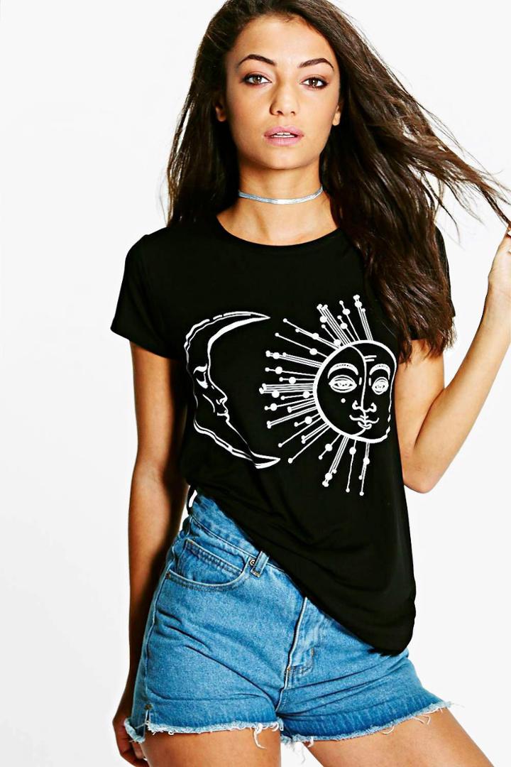Boohoo Tall Clara Sun And Moon Print Oversized Tee Black