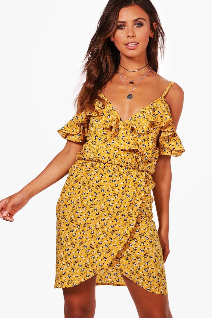 Boohoo Petite Matilda Ruffle Floral Wrap Tea Dress Mustard