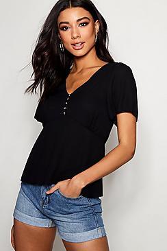 Boohoo Button Detail Angle Sleeve Blouse With Black Tie