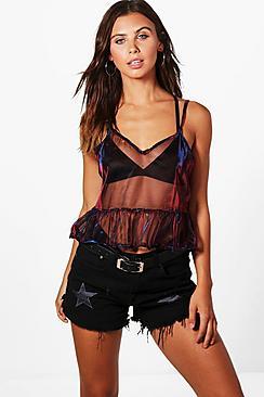 Boohoo Petite Lauren Metallic Mesh Frill Hem Crop Top