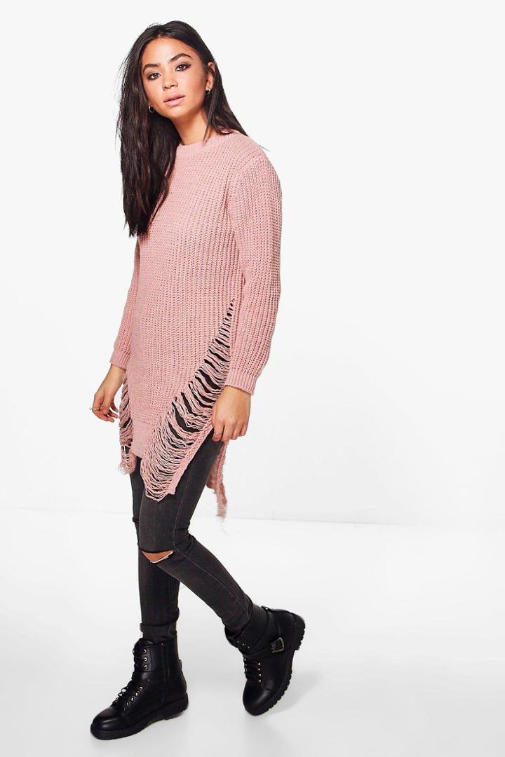 Boohoo Emily Distressed Long Jumper Blush