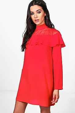 Boohoo Charlotte Mesh Insert Ruffle Shift Dress
