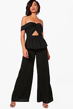 Boohoo Jenny Bardot Twist Front Wide Leg Jumpsuit