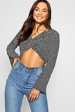 Boohoo Dogtooth Twist Front Long Sleeve Woven Crop Top