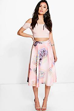 Boohoo Eve Pastel Floral Full Midi Skirt