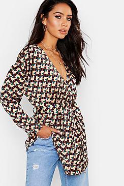 Boohoo Woven Geo Wrap Tie Waist Blouse