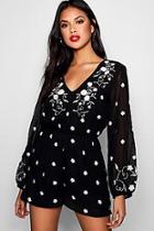 Boohoo Callie Embroidered Long Sleeve Playsuit