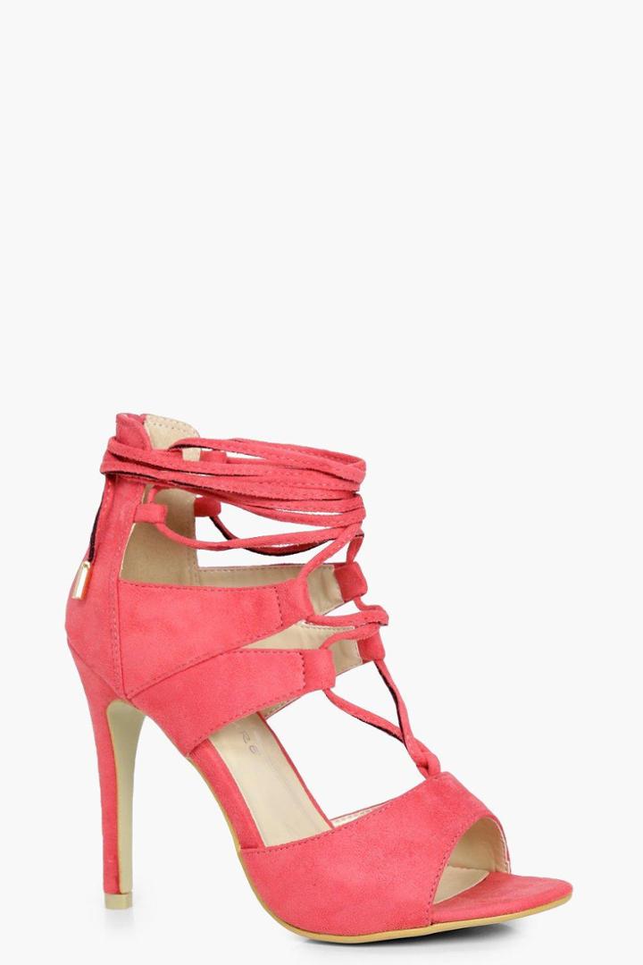 Boohoo Gracie Ghillie Lace Up Heels Coral