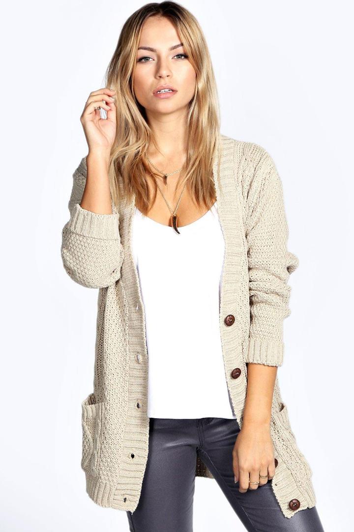 Boohoo Daisy Cable Boyfriend Cardigan Stone