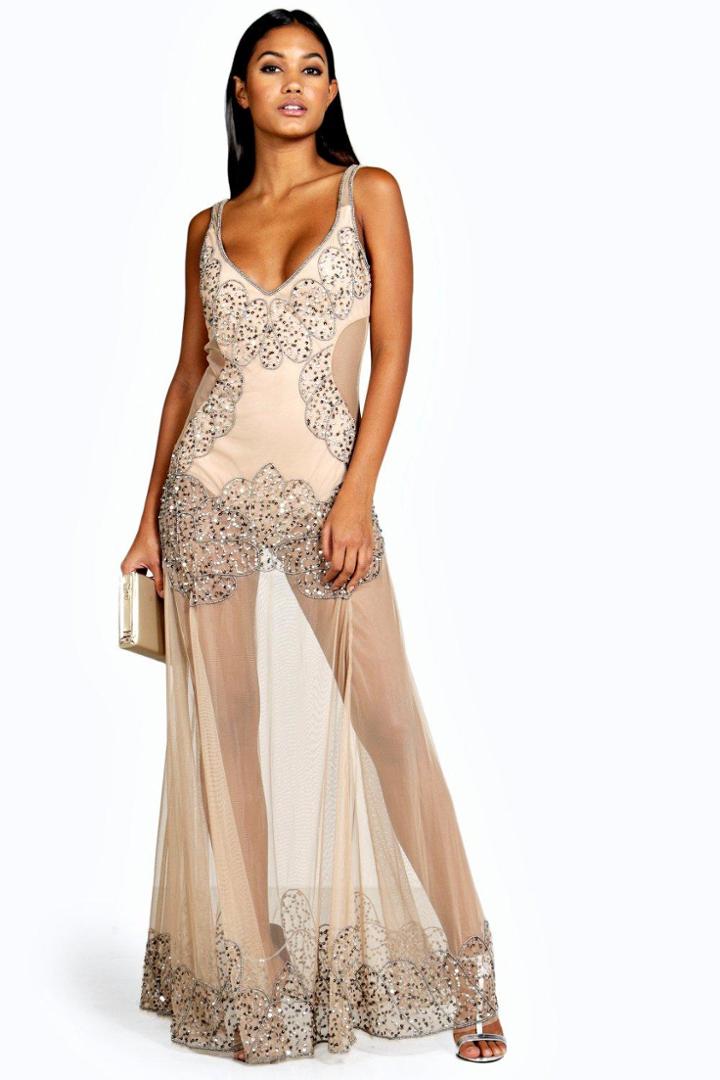 Boohoo Boutique Naty Embellished Placement Maxi Dress Nude