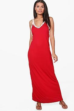 Boohoo Meg Strappy Pom Pom Detail Maxi Dress