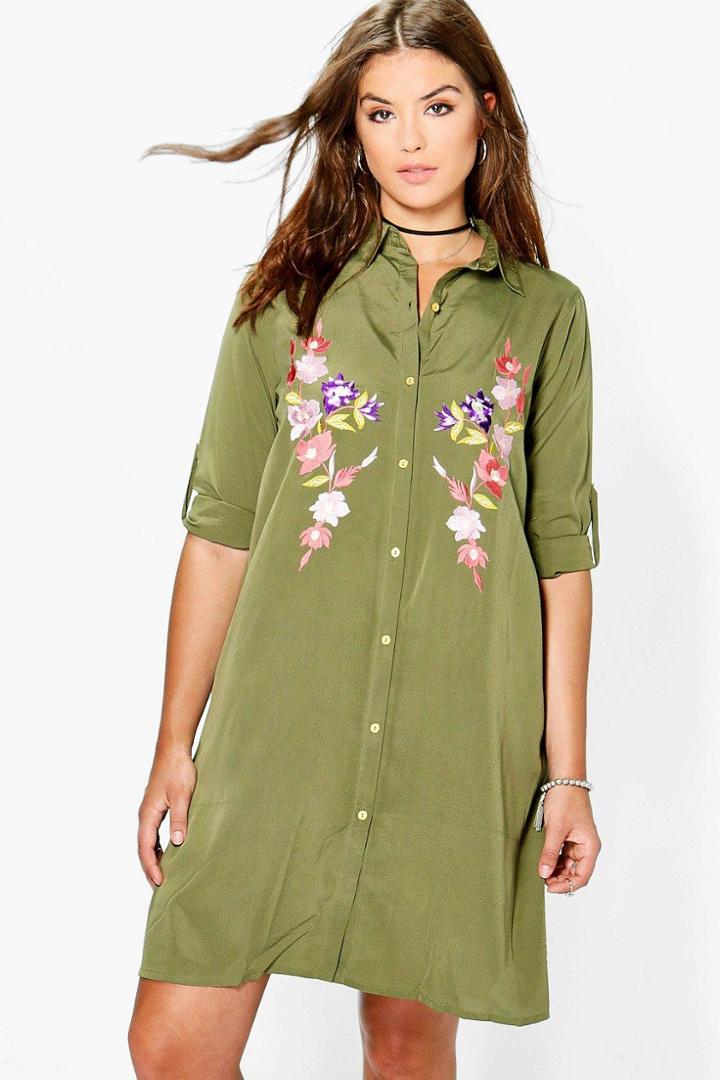 Boohoo Plus Lauren Embroidered Midi Shirt Dress Khaki