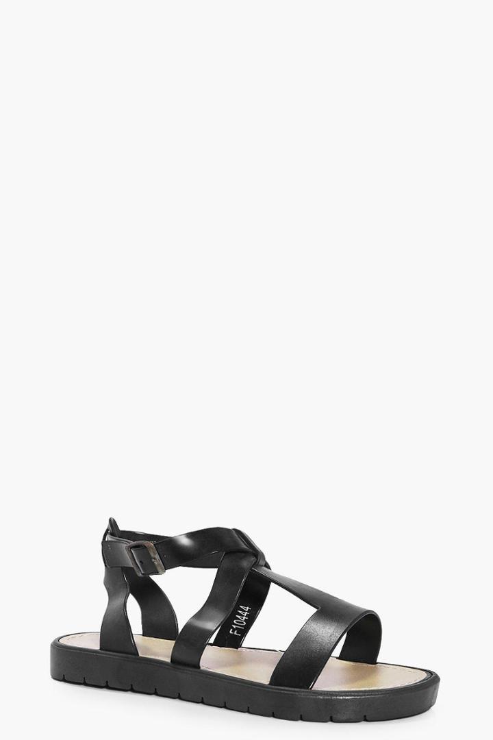 Boohoo Isabella Multi Strap Flat Cleated Sandal Black