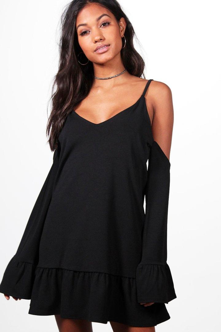 Boohoo Ivy Cold Shoulder Frill Hem Shift Dress Black