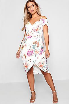 Boohoo Plus Floral Open Shoulder Wrap Bodycon Dress